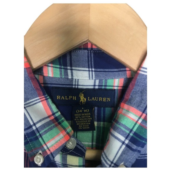 Ralph Lauren Shirt Boys L Plaid Button Up Short Sleeve Preppy Collar Blue - Picture 5 of 12
